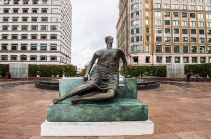 <i>Draped Seated Woman</i> in her current position in Cabot Square, Canary Wharf, East London.