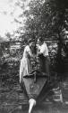 Moore and his secretary, Tam Miller, operating a large set of bellows at the Hoglands foundry c…